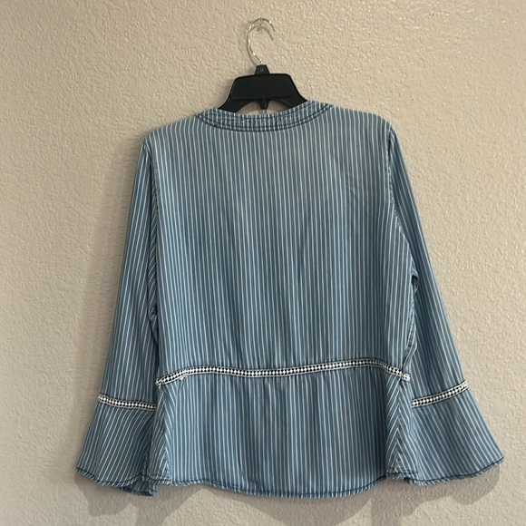 Kelly Renee Blouse Women Large Blue Striped Long Sleeve Bell Sleeve V Neck Boho - Picture 7 of 9